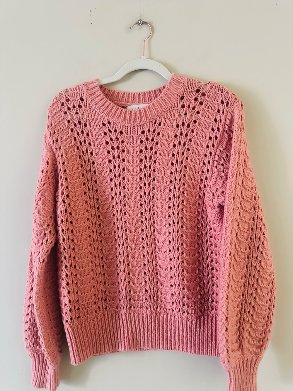 Velvet by Graham & Spencer Rose Pink Open-Stitch Crewneck Sweater
